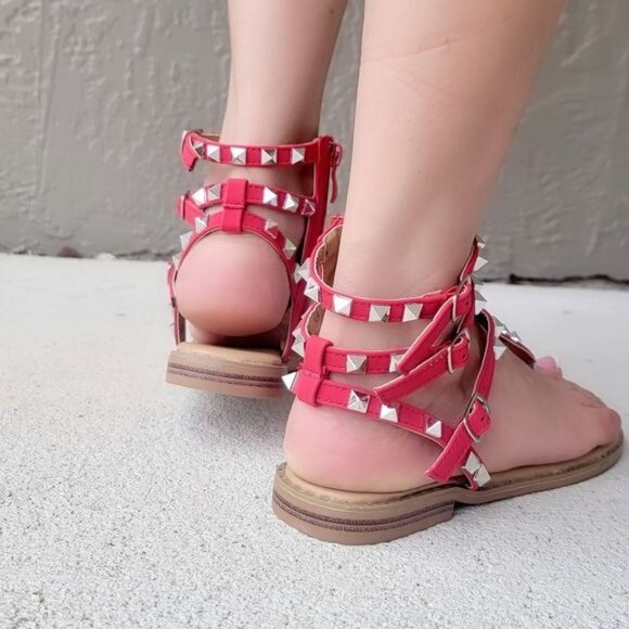 Women's Studded Strappy Flat Sandals Red Color - Picture 4 of 5